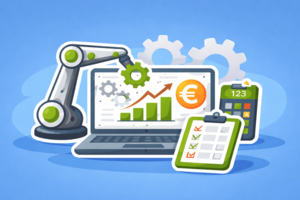 Illustration mit einem Industrieroboterarm, der ein Zahnrad über einem Laptop mit Wachstumsdiagramm und Euro-Symbol positioniert, ergänzt durch Checkliste und Rechner vor blauem Hintergrund